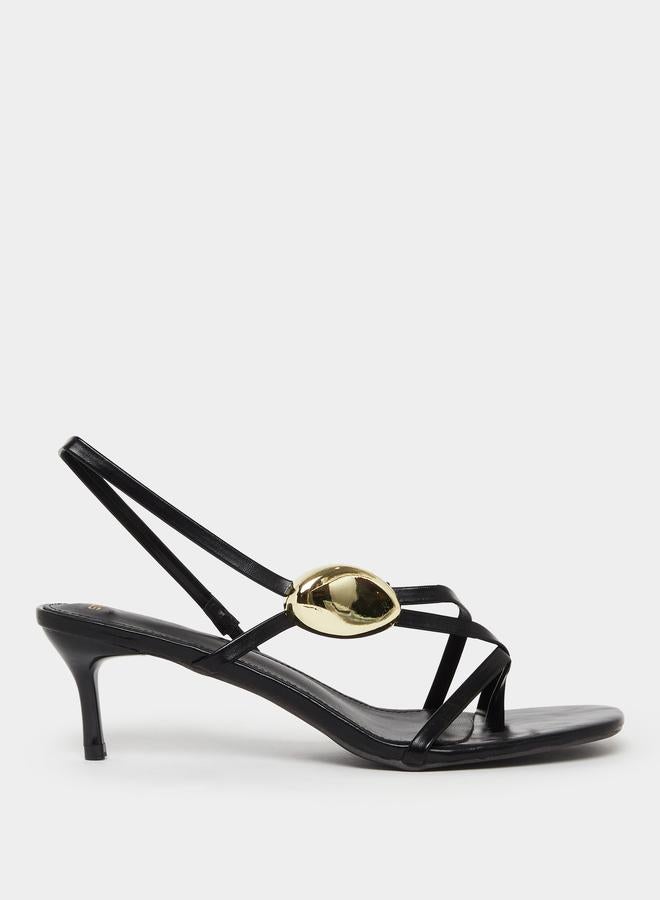Styli Black Strappy Sandals with Gold Detail - Image 1